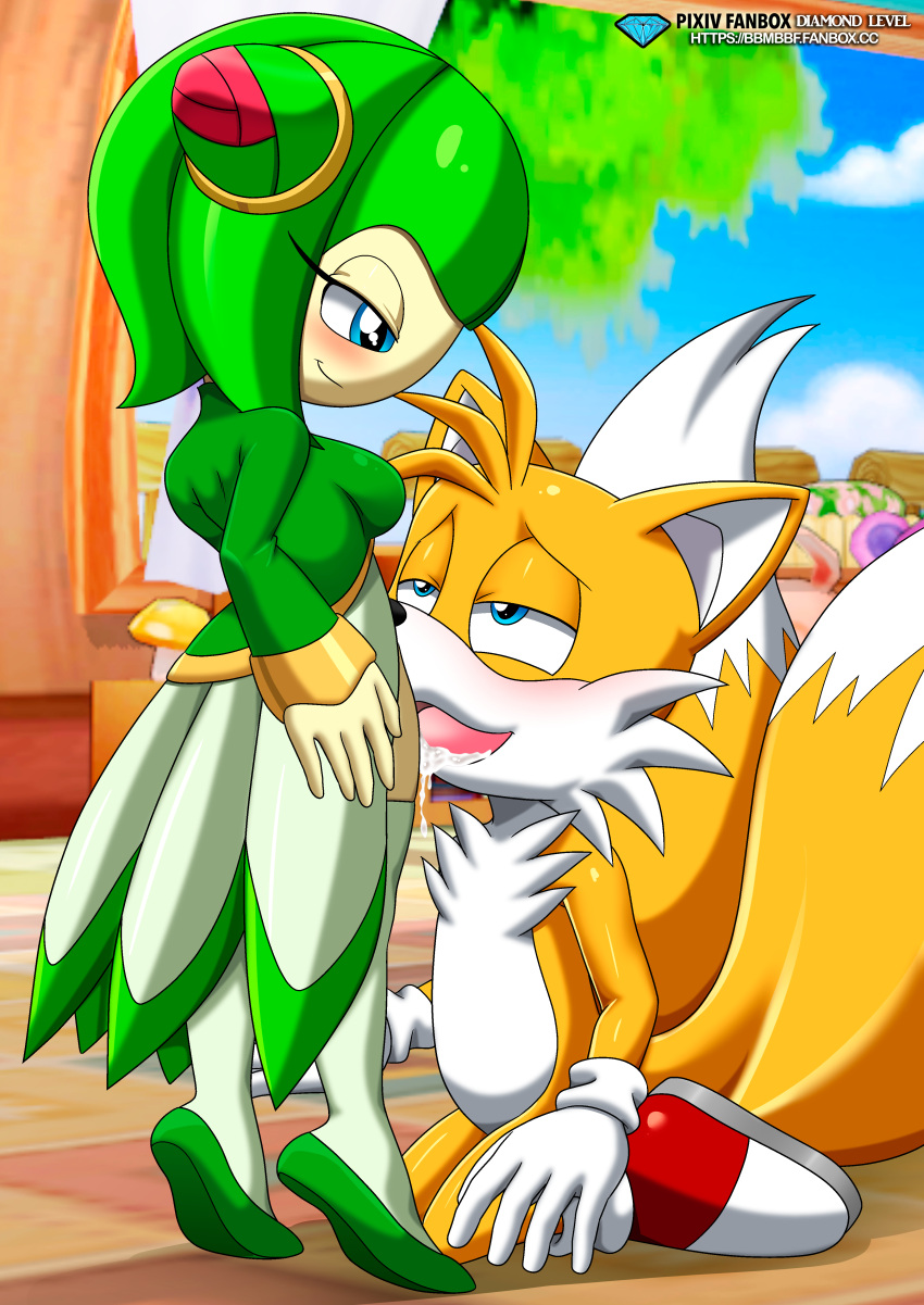 absurd_res anthro bbmbbf blue_eyes cosmo_the_seedrian eye_contact fully_clothed fur furry high_res kneel looking_at_another malesub miles_"tails"_prower mobius_unleashed palcomix pietro's_secret_club pussylicking saliva sega skirt sonic_the_hedgehog_(series) sonic_x standing submissive_male tongue tongue_out yiff