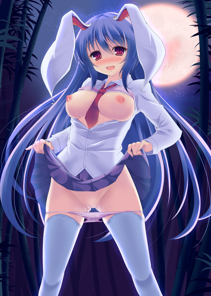absurd_res absurdres animal_ears bad_id bamboo bamboo_forest between_breasts big_breasts blush bra bra_lift breasts breasts_outside bunny_ears dress_shirt female forest full_moon high_res highres large_breasts lingerie long_hair looking_at_viewer moon nature necktie necktie_between_breasts night nipples open_clothes open_mouth open_shirt panties panty_pull purple_hair pussy pussy_juice pussy_juice_trail red_eyes red_necktie reisen_udongein_inaba second_heaven shirt skirt skirt_lift solo standing stockings thighhighs touhou unbuttoned uncensored underwear wet wet_clothes wet_panties white_legwear zettai_ryouiki