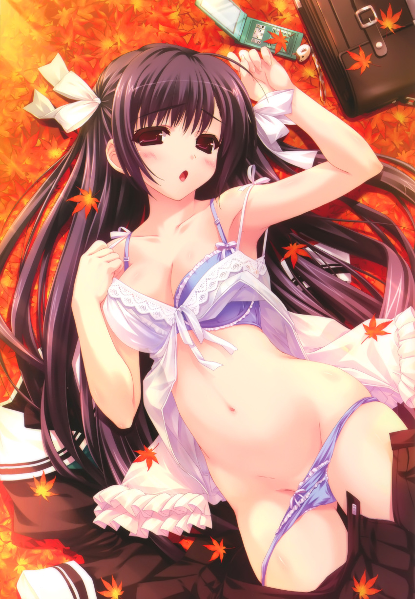 1girl :o absurd_res absurdres armpits autumn autumn_leaves babydoll bag black_hair blue_bra blue_panties blush bow bow_panties bra breasts cellphone cellphone_strap cleavage clothes_on_floor copyright_request groin high_res highres kugayama_konoka leaf lingerie long_hair looking_at_viewer lying maple_leaf mound_of_venus navel negligee on_back open_mouth panties panty_pull phone pleated_skirt prism_recollection! purple_eyes red_eyes school_bag school_uniform serafuku shintaro shintarou skindentation skirt skirt_down solo underwear undressing