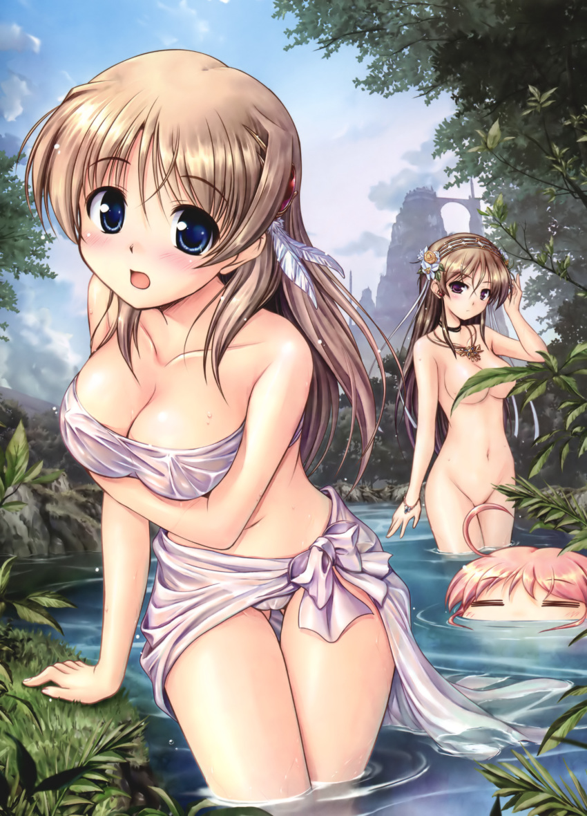 3_girls 3girls =_= absurd_res absurdres aiyoku_no_eustia arm_support bekkankou big_breasts blue_eyes blush bracelet breast_hold breasts brown_hair cameltoe censored cleavage clothed_female_nude_female convenient_censoring erect_nipples eris_floraria eustia_astraea feathers fione_silvaria flower hair_feathers hairband high_res highres jewelry long_hair multiple_girls nature navel nude open_mouth partially_submerged pink_hair purple_eyes sarong sky smile submerged thigh_gap thighs wading water