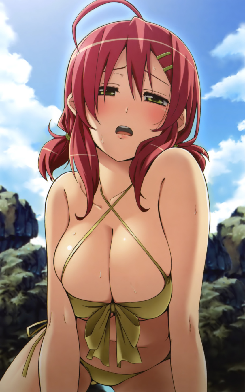 1girl absurd_res absurdres ahoge big_breasts bikini blush breast_focus breasts cleavage criss-cross_halter d: deardrops female front-tie_top fujimaru_(bluebrand) girl green_eyes hair_ornament hairclip hairpin halter_top halterneck high_res highres large_breasts looking_at_viewer low_twintails naughty_face navel open_mouth pigtails red_hair sakurai_kanade_(deardrops) short_twintails side-tie_bikini solo sweat swimsuit twin_tails twintails yellow_eyes
