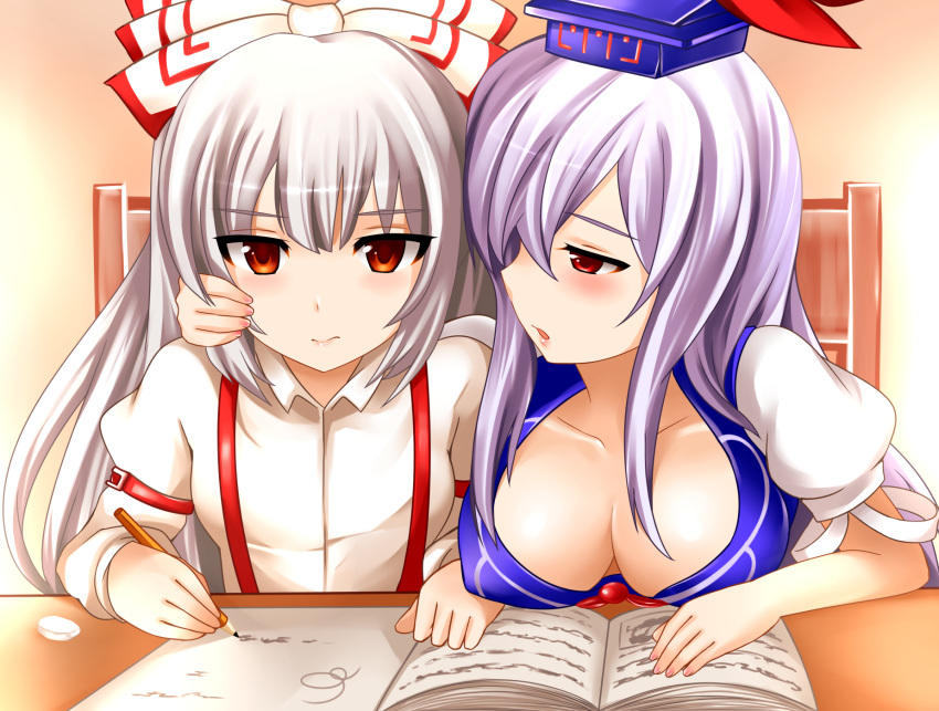 2girls annoyed blush body_blush bow breast_rest breasts cleavage collarbone down_blouse downblouse erect_nipples female fujiwara_no_mokou hair hair_bow hat headgear high_res highres kamishirasawa_keine keine_kamishirasawa large_breasts long_hair multiple_girls no_bra orange_eyes parted_lips pencil red_eyes shiny shiny_skin silver_hair suspenders touhou writing yoshimo