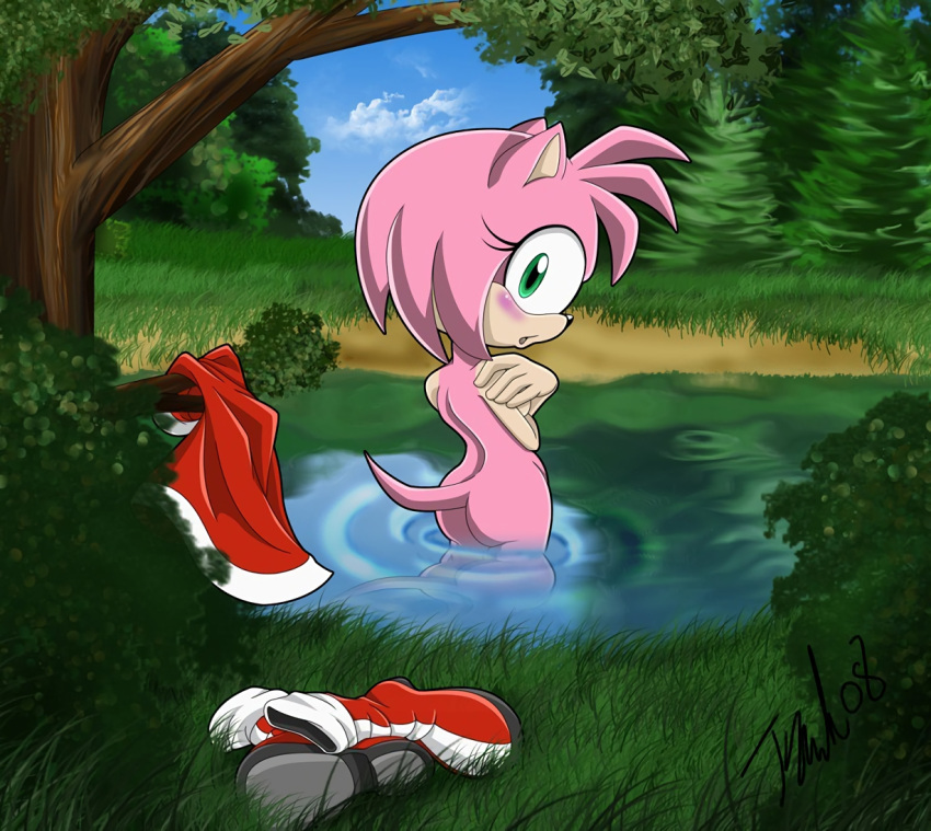 amy_rose bathing blushing pond sega sonic_the_hedgehog_(series)
