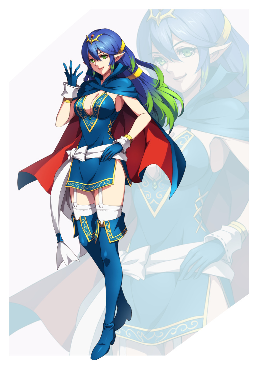 1girl absurd_res alluring alternate_costume alternate_eye_color alternate_hair_color armlet balasdan blue_cape blue_dress blue_gloves blue_hair boots breasts cape cleavage colored_tips commission commissioner_upload cosplay cuffs dragon_girl dress fire_emblem fire_emblem_awakening fusion garter_straps gem gloves green_eyes green_hair hair_between_eyes hair_ornament hair_ribbon hand_on_own_hip high_collar high_res jewelry lips long_hair looking_at_viewer lucina_(fire_emblem) medium_breasts multicolored_hair nintendo non-web_source plunging_neckline pointy_ears ponytail red_gemstone ribbon sash side_slit simple_background smile stockings thigh_high_boots thighs tiara tiki_(adult)_(fire_emblem) tiki_(adult)_(fire_emblem)_(cosplay) tiki_(fire_emblem) two-tone_hair white_sash