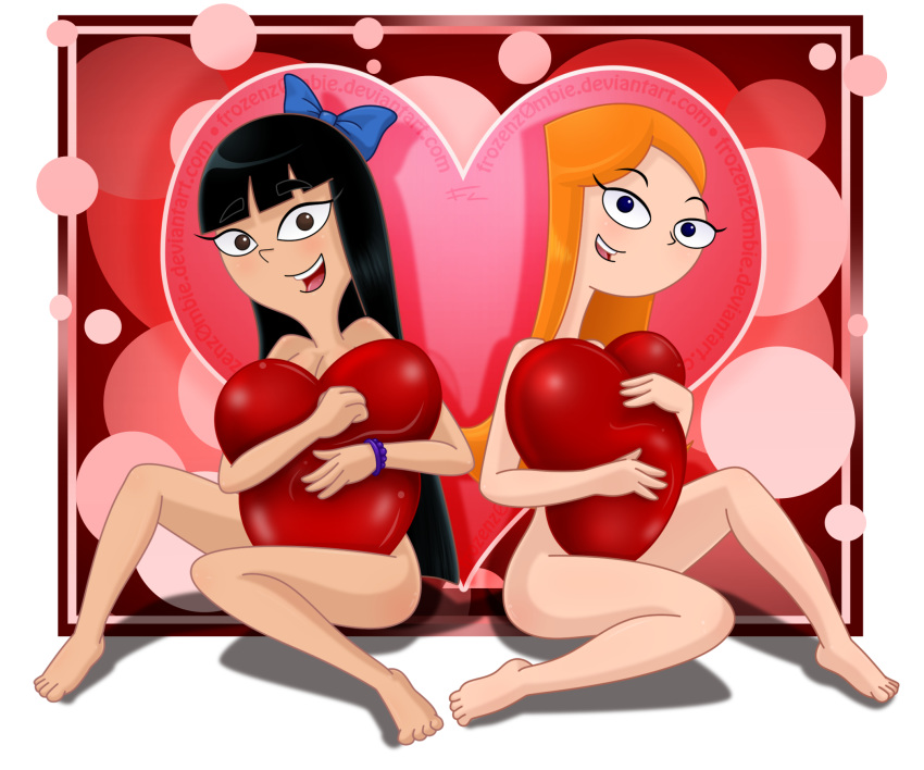 black_hair blue_eyes blush bow bracelet breasts brown_eyes candace_flynn feet female_only frozenzombie heart_background heart_pillow long_hair nude orange_hair phineas_and_ferb pillow red_hair redhead smile stacy_hirano valentine valentine's_day