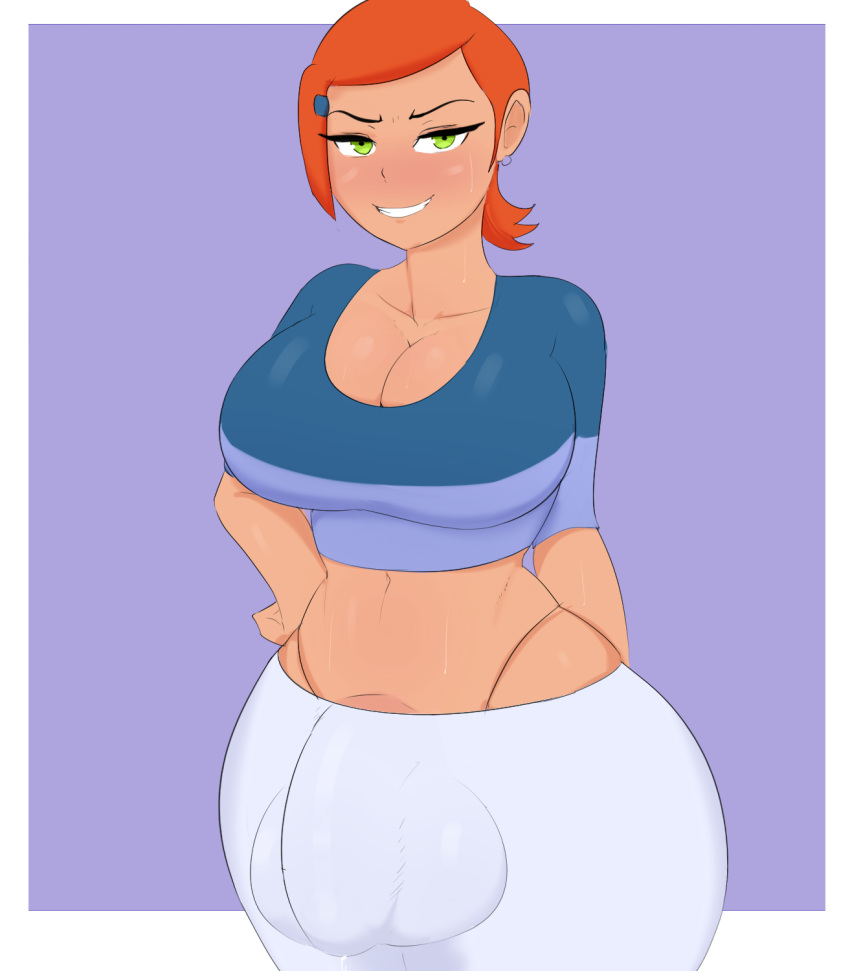 1girl bedroom_eyes ben_10 big_balls big_penis bulge clothed clothing dickgirl eyelashes futa_only futanari g3mma green_eyes grin gwen_tennyson huge_balls huge_cock penis_under_clothes red_hair redhead smile solo_futa thick thick_penis thick_thighs