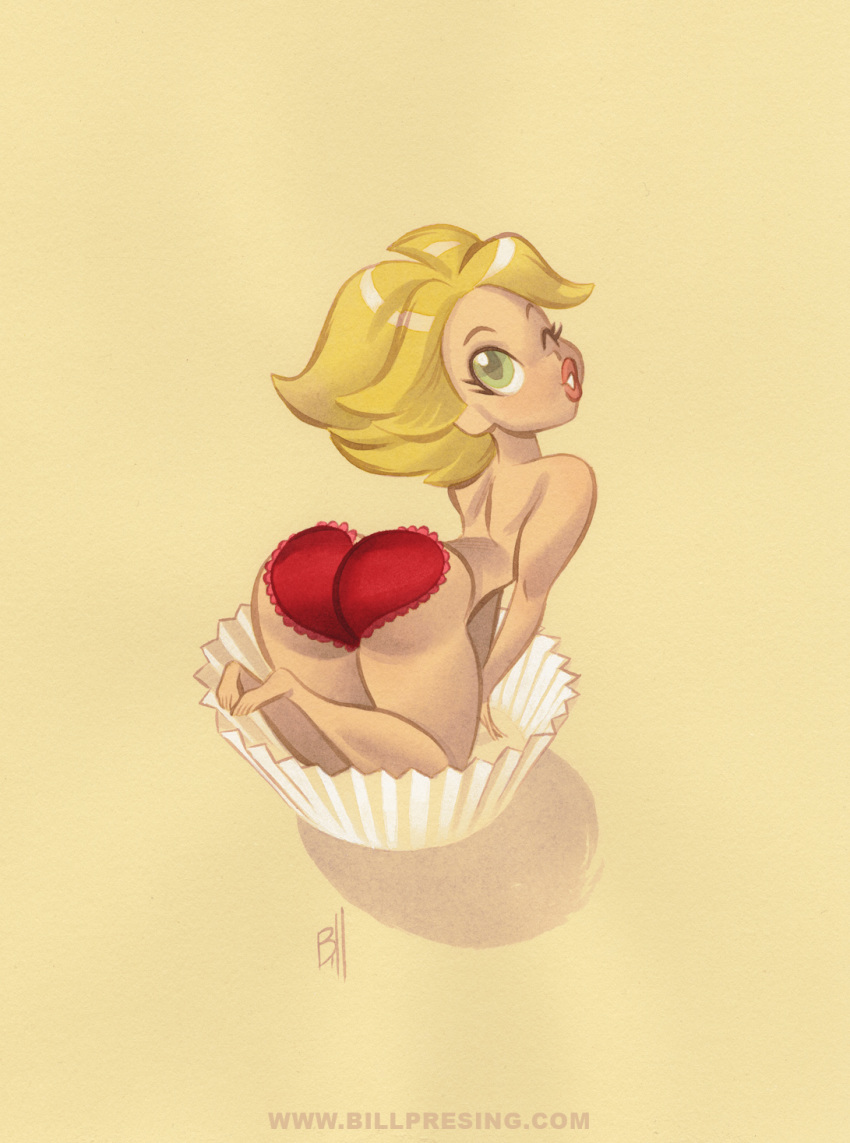 ass big_ass blonde_hair green_eyes heart kissing lipstick looking_back nude shiny short_hair solo valentine valentine's_day wink