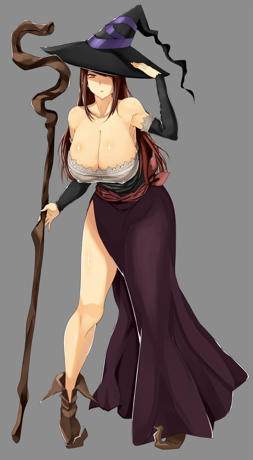 1girl absurdres adjusting_clothes adjusting_hat armpits bare_shoulders breasts brown_eyes brown_hair cleavage curvy detached_sleeves dragon's_crown dress erect_nipples grey_background hanging_breasts hat hat_over_one_eye highres hips huge_breasts leaning_forward long_hair sagging_breasts side_slit simple_background solo sorceress sorceress_(dragon's_crown) staff standing strapless_dress thinker_(artist) v_(artist) v_(thinker473) vanillaware weapon wide_hips witch witch_hat