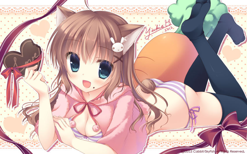 1girl :d animal_ears black_legwear blue_eyes bow bra breasts brown_hair bunny_hair_ornament bunny_tail carrot cat_ears chocolate chocolate_heart cleavage fang food food_on_face hair hair_ornament heart highres legs_up lingerie long_hair looking_at_viewer lying no_shoes on_stomach open_mouth original panties ribbon shimapan side-tie_panties signature smile solo stockings string_panties striped striped_bra striped_panties tail thighhighs underwear valentine wallpaper yukie yukie_(peach_candy)