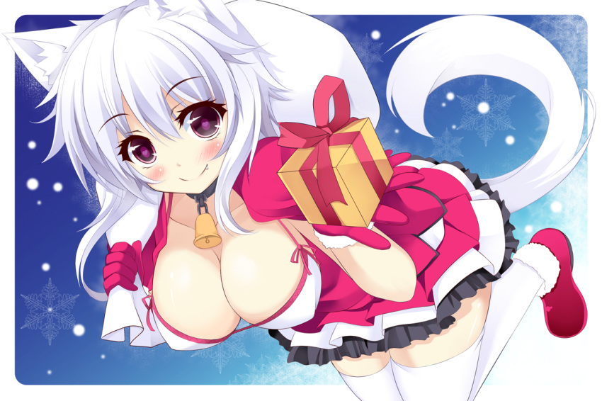 1girl alternate_costume animal_ears bell bell_collar big_breasts blush boots breasts cleavage collar dress fang female fur_trim gift gloves hanging_breasts heart heart-shaped_pupils inubashiri_momiji kusano_(torisukerabasu) large_breasts no_hat no_headwear red_eyes red_gloves sack smile solo stockings symbol-shaped_pupils tail thighhighs touhou white_hair white_legwear wolf_ears wolfgirl