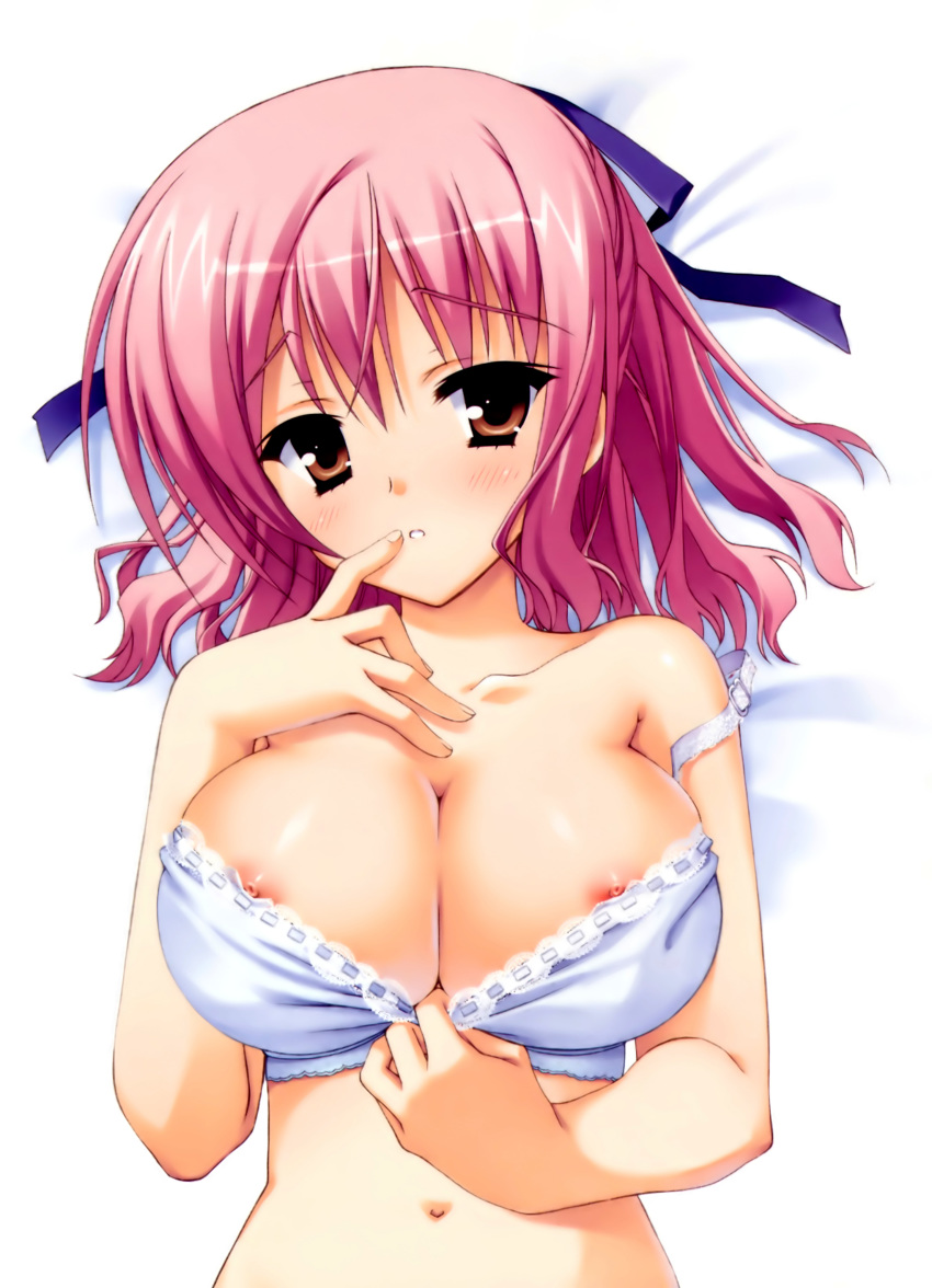 1girl absurd_res absurdres bare_shoulders big_breasts blue_bra blush bra bra_pull breasts brown_eyes bust cleavage collarbone finger_to_mouth hair_ribbon high_res highres kobuichi large_breasts lingerie looking_at_viewer muririn navel nipple_slip nipples parted_lips pink_hair ribbon shiny shiny_skin solo strap_slip tenshinranman tokiwa_mahiro underwear upper_body
