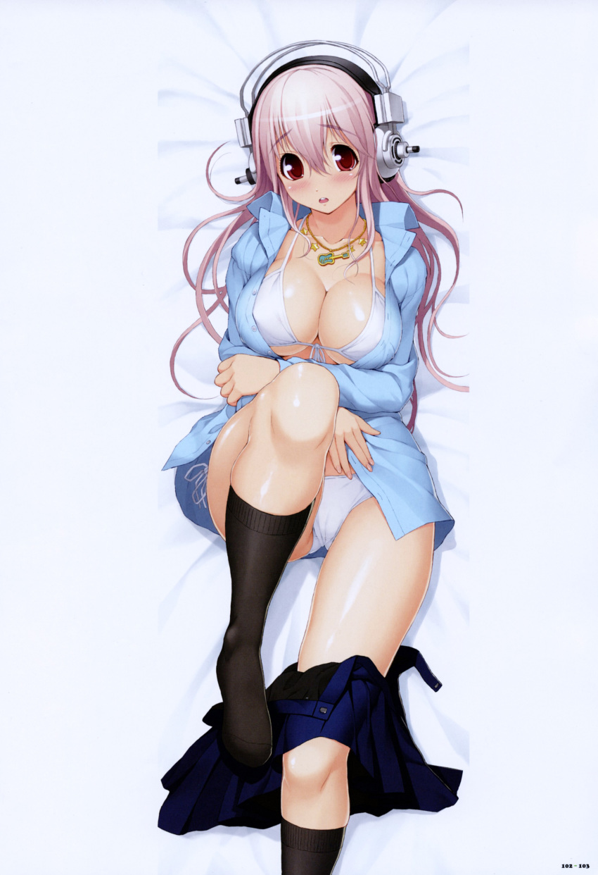 1girl :o absurd_res absurdres big_breasts bikini black_legwear blush breasts cameltoe cleavage front-tie_top halterneck headphones high_res highres jewelry kneehighs large_breasts leg_lift leg_up long_hair looking_at_viewer lying necklace nitroplus no_shoes on_back open_clothes open_shirt pendant pink_eyes pink_hair shiny shiny_skin shirt side-tie_bikini skirt skirt_around_one_leg solo strap_gap super_sonico swimsuit tsuji_santa underboob