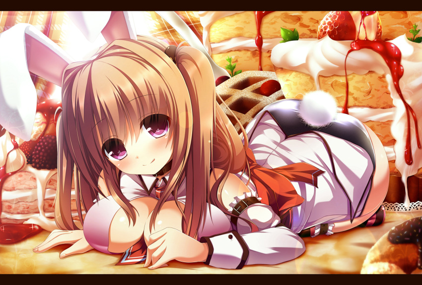 1girl :q animal_ears ass belt between_breasts big_breasts blush breasts brown_hair bunny_ears bunny_girl bunny_tail bunnysuit cake cassini_m_bisuko cleavage collar cream detached_sleeves fake_animal_ears fingernails food fruit heart high_res highres large_breasts leg_garter letterboxed long_hair neck_tie necktie original plaid purple_eyes raspberry_(food) smile solo stockings strawberry syroh tail thighhighs tongue tongue_out twin_tails twintails two_side_up waffle_(artist)