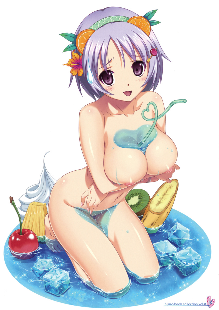 1girl arm arms arms_crossed art banana bare_legs bare_shoulders barefoot between_breasts between_legs big_breasts blush breast_hold breasts bust_cup cherry_(fruit) cherry_blossoms cleavage collarbone cream crossed_arms drinking_straw feet_in_water female flower food food_themed_hair_ornament fruit hair hair_flower hair_ornament hairband hairclip heart heart_of_string highres ice ice_cube kiwi kiwifruit kneel kneeling koutaro large_breasts lavender_hair legs light_skin looking_at_viewer nail_polish navel nipples nude open_mouth orange_(fruit) original oversized_object pineapple purple_eyes purple_hair shiny shiny_hair shiny_skin short_hair shy simple_background sitting smile solo sweat sweatdrop tiptoes toes topless wakamezake water wet white_background