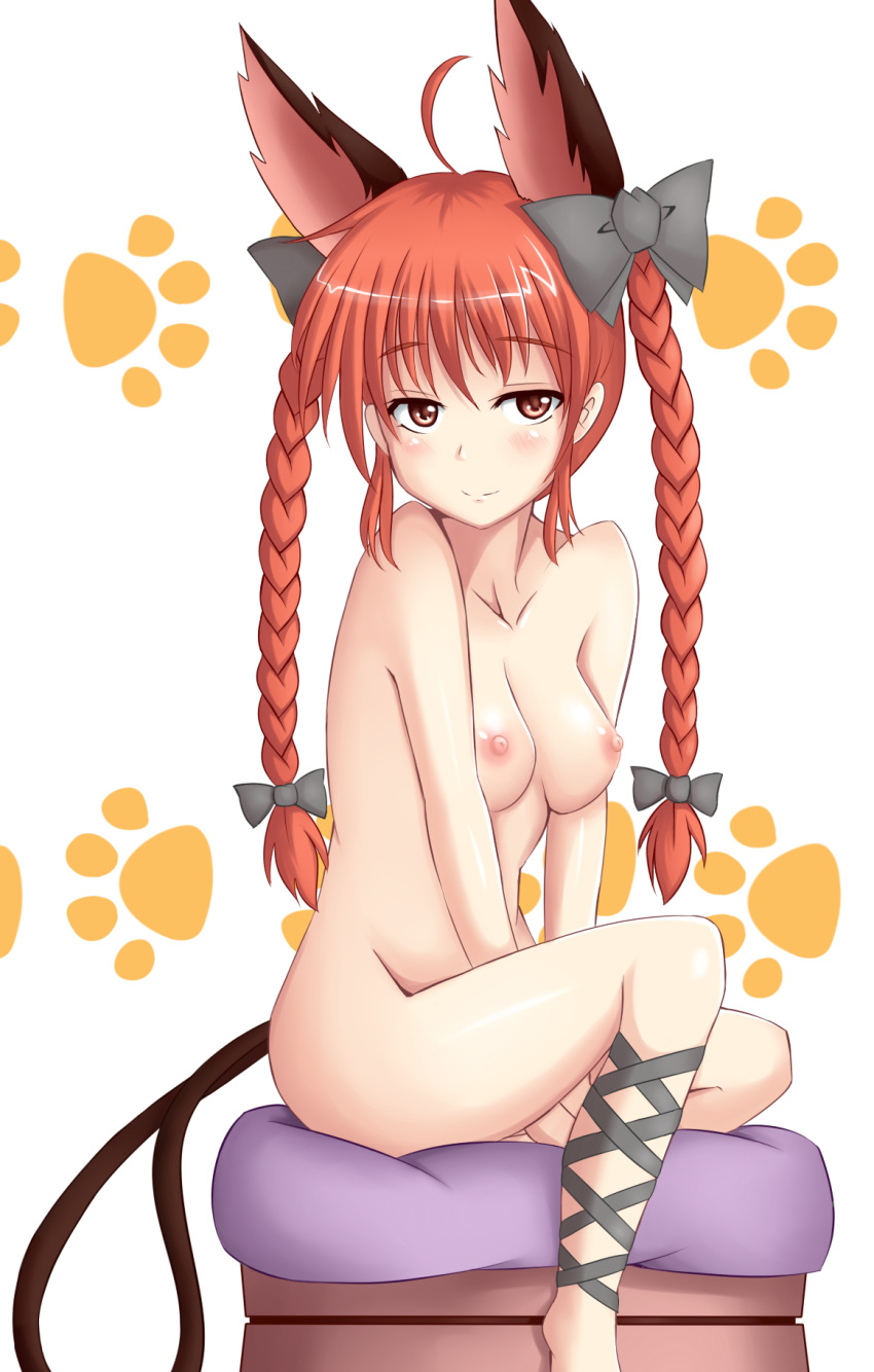 1girl ahoge animal_ears ankle_lace-up bad_id bare_shoulders between_legs blush bow braid breasts cat_ears cat_tail cross-laced_footwear female hair_bow hand_between_legs high_res highres kaenbyou_rin long_hair multiple_tails nipples nowheresoul nude pillow red_eyes red_hair rin_kaenbyou simple_background sitting smile solo tail touhou twin_braids