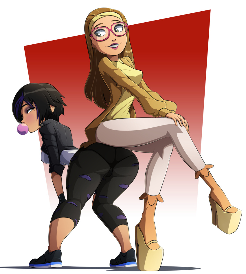 2girls asian ass ass_to_ass bent_over big_ass big_hero_6 bubblegum clothed clothing dat_ass disney female female_only gogo_tomago honey_lemon looking_at_another looking_back marvel non-nude ravenravenraven sitting sitting_on_person smile yuri