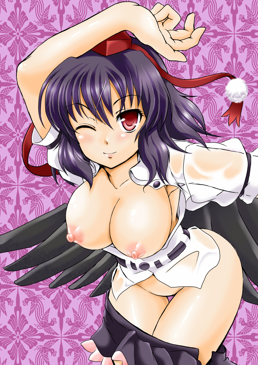 1girl absurd_res absurdres arms_up big_breasts black_hair blush breasts female hat high_res highres large_breasts looking_at_viewer nipples no_panties one_eye_closed open_clothes open_shirt red_eyes shameimaru_aya shirt short_hair skirt skirt_pull smile solo thigh_gap thighs tokin_hat touhou tsujihatago tsujikaze wings wink