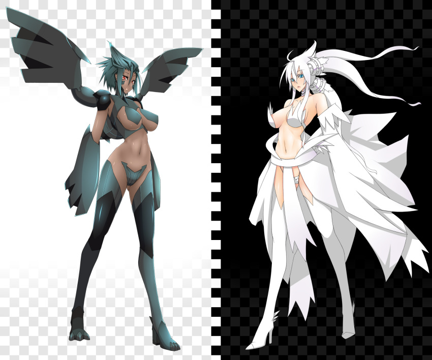 2_girls 2girls anthrofied armor bare_shoulders black_hair blue_eyes boots breasts choker dark_skin detached_sleeves emukon high_heel_boots high_heels high_res highres humanized long_hair multiple_girls navel parted_lips pokemon red_eyes reshiram shiny shiny_clothes shiny_skin short_hair standing thigh_boots thighhighs thong white_hair wings zekrom
