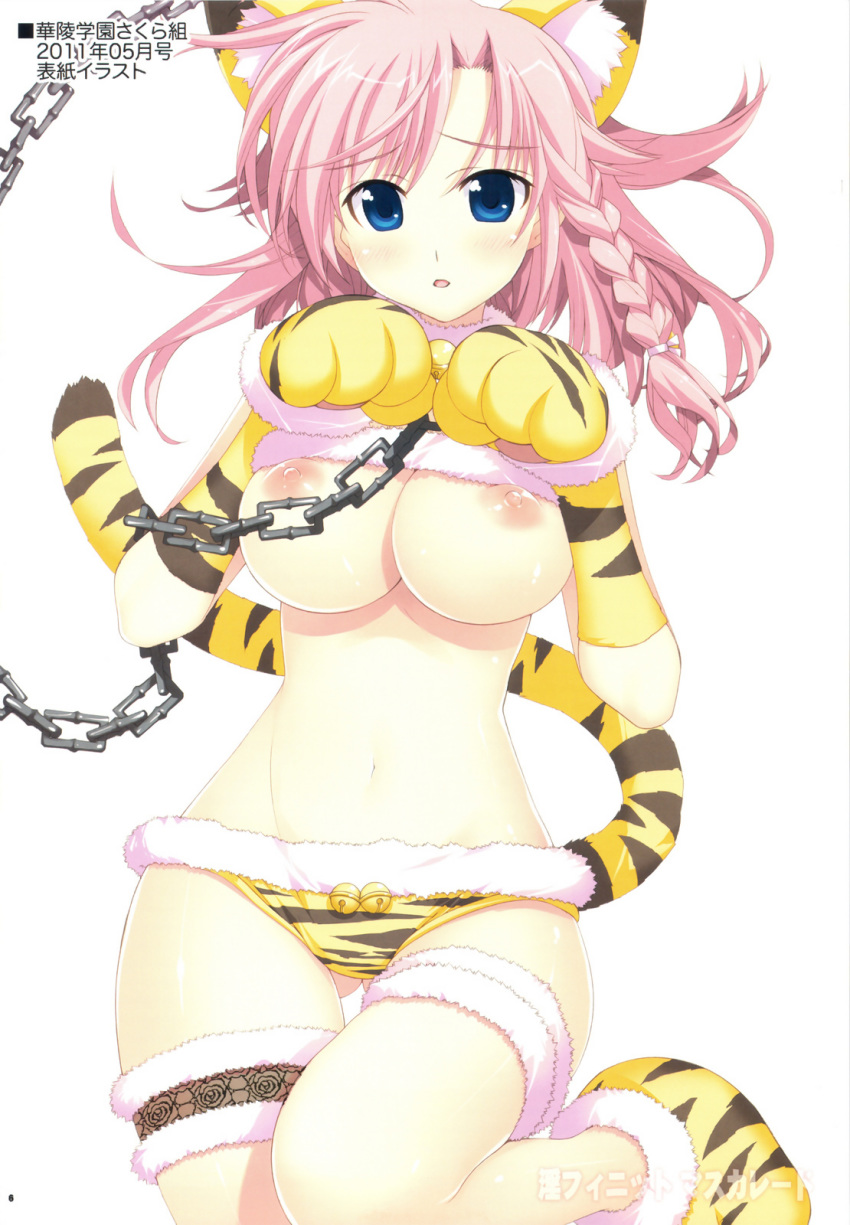 1girl :o animal_ears bell bell_collar belly blue_eyes blue_hair blush braid breasts chain chains cleavage collar garters hair highres leg_garter long_hair looking_at_viewer midriff navel nipples open_mouth original paws pink_hair shiny shiny_skin shirt_lift simple_background solo striped tail thigh_gap tiger_ears tiger_paws tiger_print tiger_tail white_background yan-yam