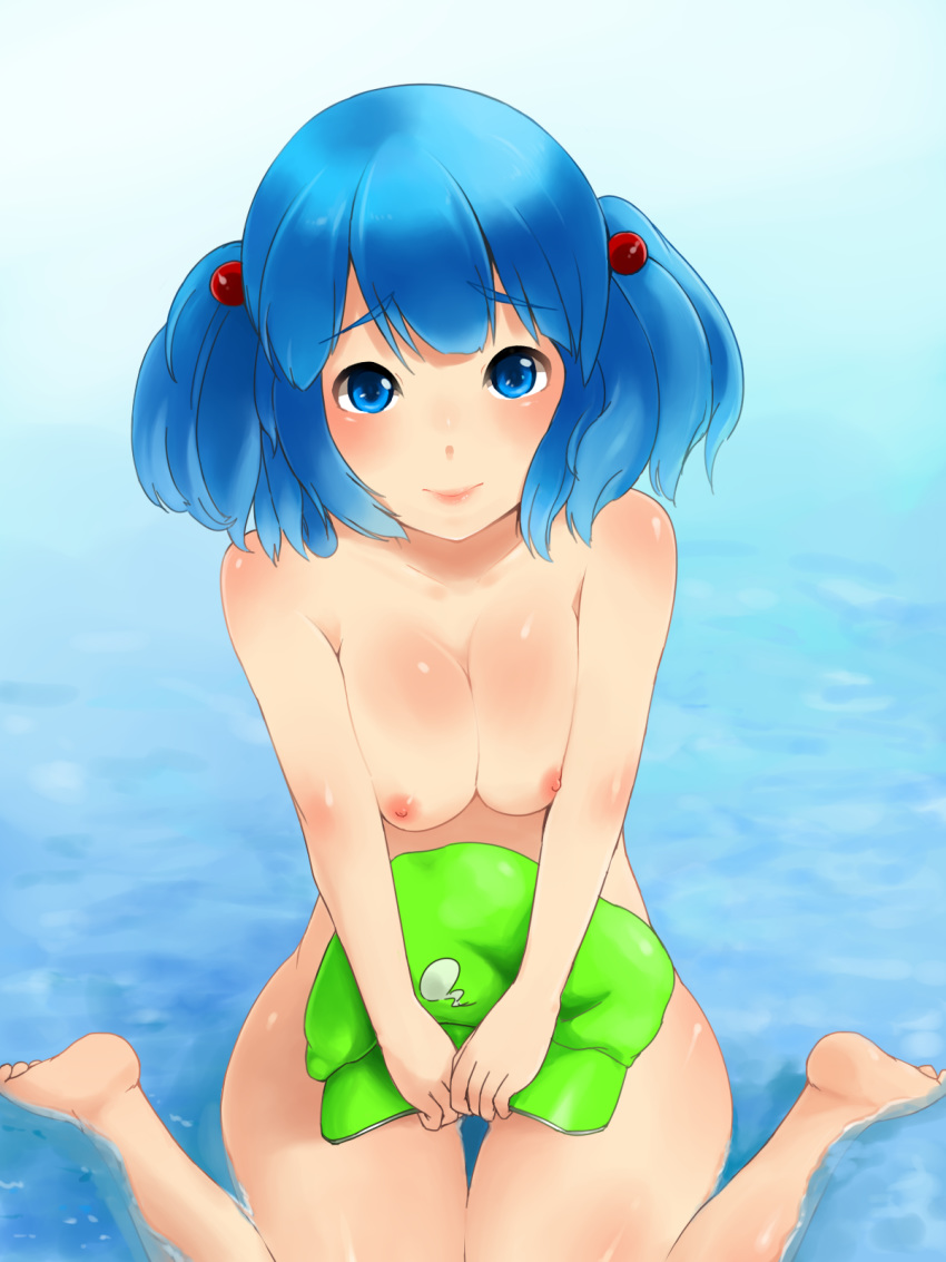 1girl bare_shoulders barefoot big_breasts blue_eyes blue_hair breasts covering covering_crotch female hair_bobbles hair_ornament hat hat_removed headwear_removed high_res highres kawashiro_nitori large_breasts lips looking_at_viewer nipples nude nude_cover sakushin short_hair sitting solo touhou twin_tails twintails two_side_up v_arms wariza water