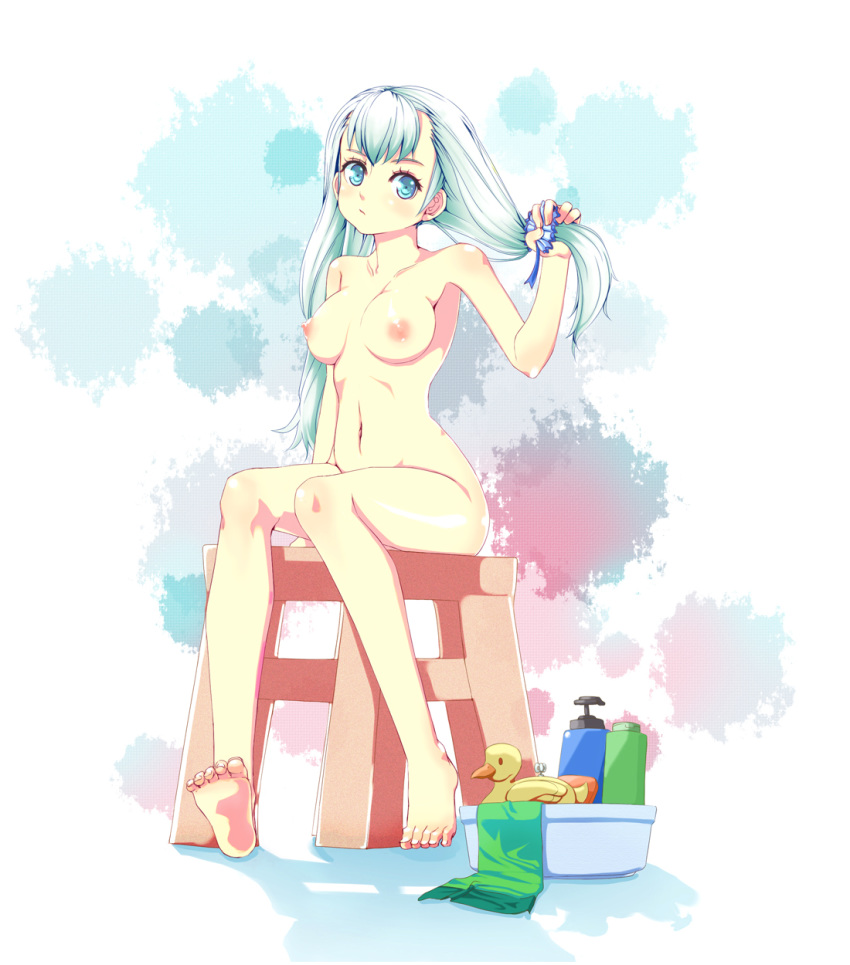 1girl barefoot blue_eyes breasts feet high_res highres long_hair nipples nude original reason reason_(ficafe) rubber_duck silver_hair sitting solo stool toes twin_tails twintails