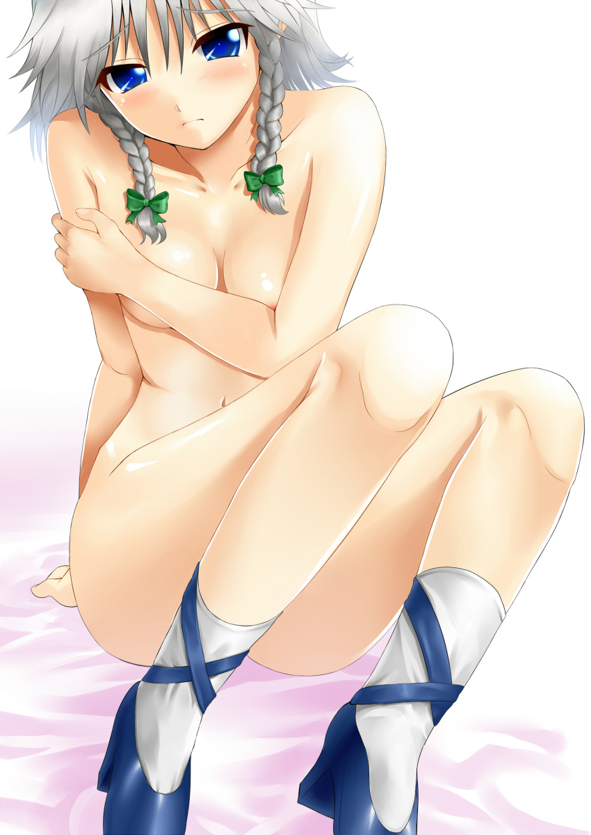1girl absurd_res absurdres arm_support arudehido bad_id blue_eyes blush braid breasts covering covering_breasts female high_res highres izayoi_sakuya nude nude_cover sakuya_izayoi short_hair shy silver_hair sitting solo touhou twin_braids