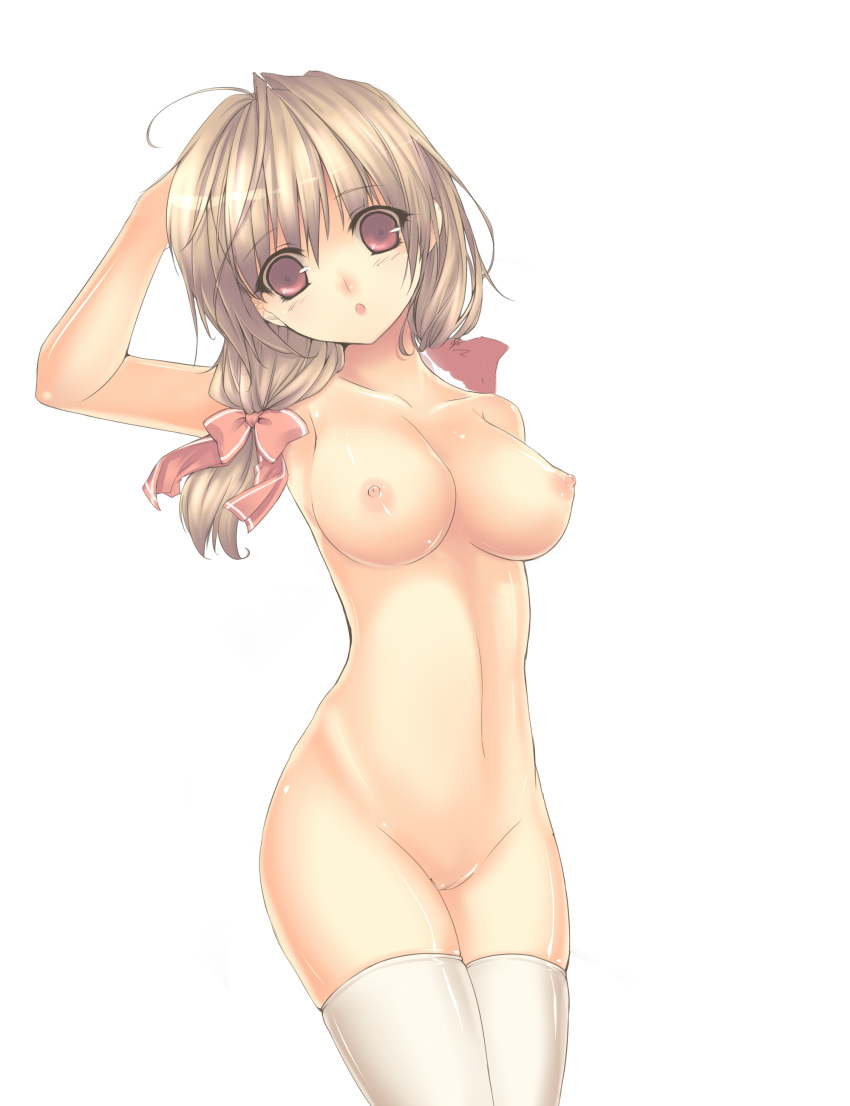 1girl :o absurd_res absurdres arm_up bad_id blush bow breasts brown_hair collarbone hair_bow high_res highres kuro_(kuronell) kuronell long_hair looking_at_viewer naked_thighhighs nipples nude original pussy red_eyes simple_background solo stockings thighhighs uncensored white_background white_legwear