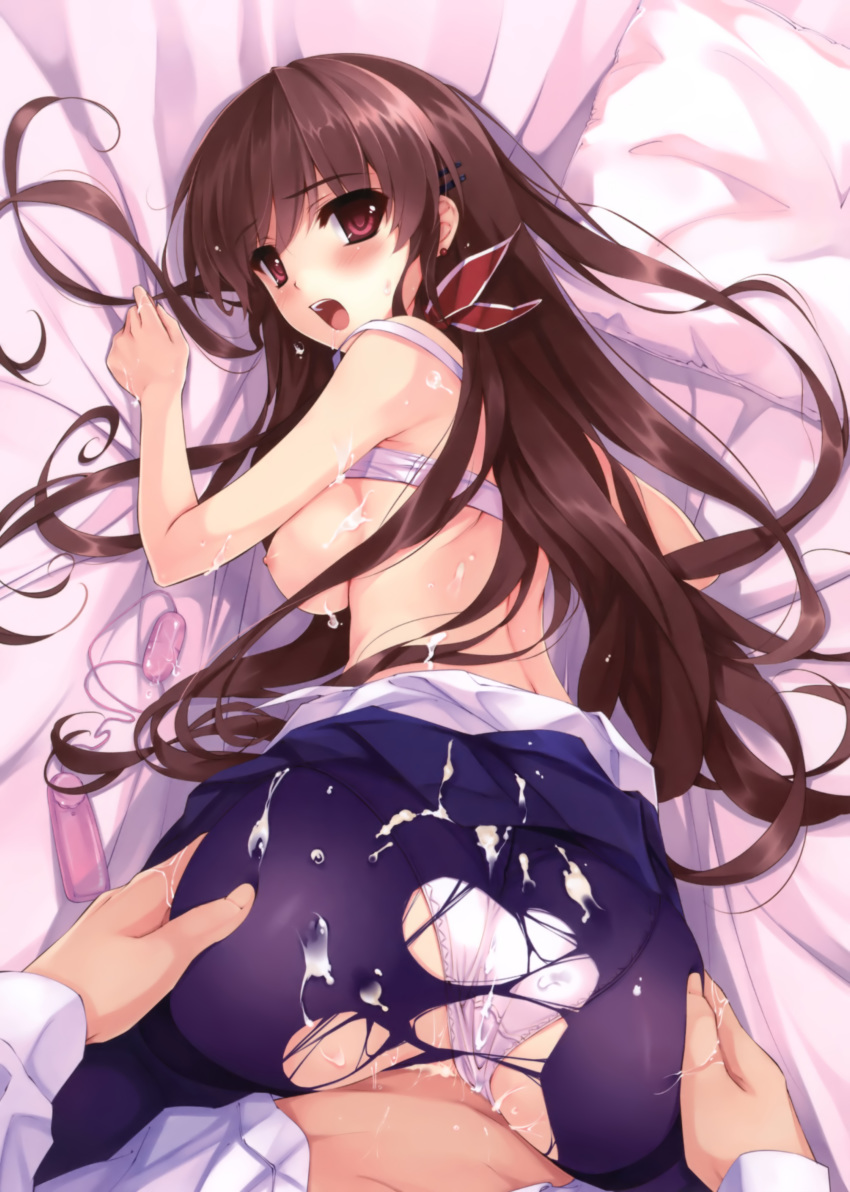 1girl absurd_res absurdres all_fours ass ass_grab bed bent_over blush bra breasts brown_hair clothed_sex copyright_request cum cum_on_clothes doggystyle egg_vibrator high_res highres lingerie looking_back misaki_kurehito nipples panties panties_aside pantyhose scan sex torn_clothes torn_pantyhose underwear vaginal vibrator