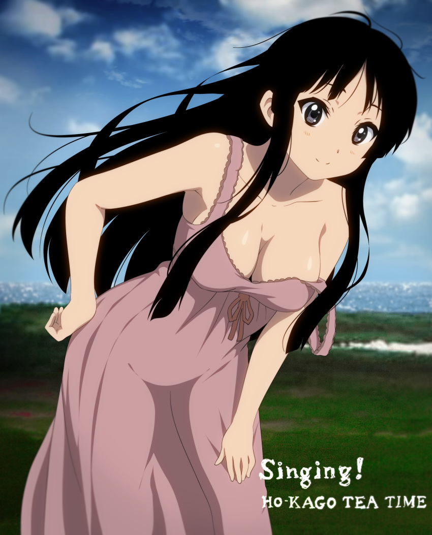 1girl absurd_res absurdres akiyama_mio big_breasts black_hair blue_sky breasts cleavage cloud dress field grass grey_eyes hand_on_hip hand_on_thigh high_res highres hips horiguchi_yukiko k-on! k-on!_movie leaning_forward looking_at_viewer mio_akiyama ocean off_shoulder official_art photo_background seaside sky sleeveless sleeveless_dress solo strap_slip sundress