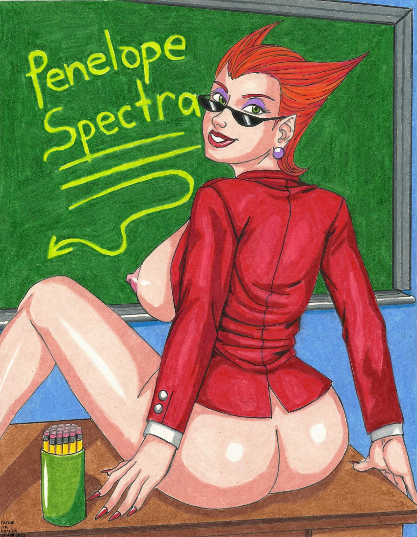 ass big_breasts breasts bubble_butt danny_phantom ear_piercing earring erect_nipples fafnir_the_dragon green_eyes jewelry lipstick looking_back nail_polish nipples nude penelope_spectra piercing red_hair red_lipstick short_hair sideboob smile solo