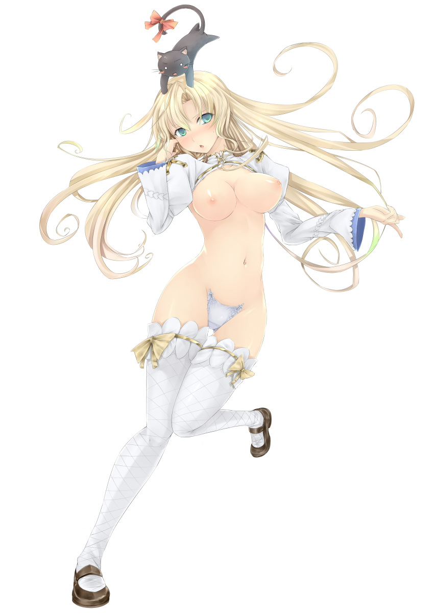 1girl :o absurd_res absurdres archbishop big_breasts blonde_hair blue_eyes blush bolero breasts c-string cat cropped_jacket groin high_res highres large_breasts long_hair looking_at_viewer mound_of_venus navel nipples no_panties object_on_head open_mouth panties ragnarok_online simple_background solo standing_on_one_leg stockings strapless_bottom thighhighs underwear vicsen-u5 white_background white_legwear