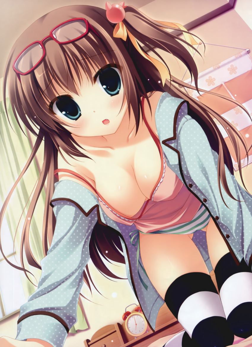 1girl absurd_res absurdres all_fours asymmetrical_hair bare_shoulders bed bedroom big_breasts blue_eyes blush breasts brown_hair camisole cleavage dengeki_moeou down_blouse downblouse fang from_below glasses glasses_on_head hair hair_bobbles hair_ornament hair_ribbon highres large_breasts lingerie long_hair looking_at_viewer nipple_slip nipples open_clothes open_mouth original panties ribbon side-tie_panties side_ponytail skindentation solo stockings strap_slip striped striped_legwear striped_panties thigh_gap thighhighs underwear yukie_(peach_candy)