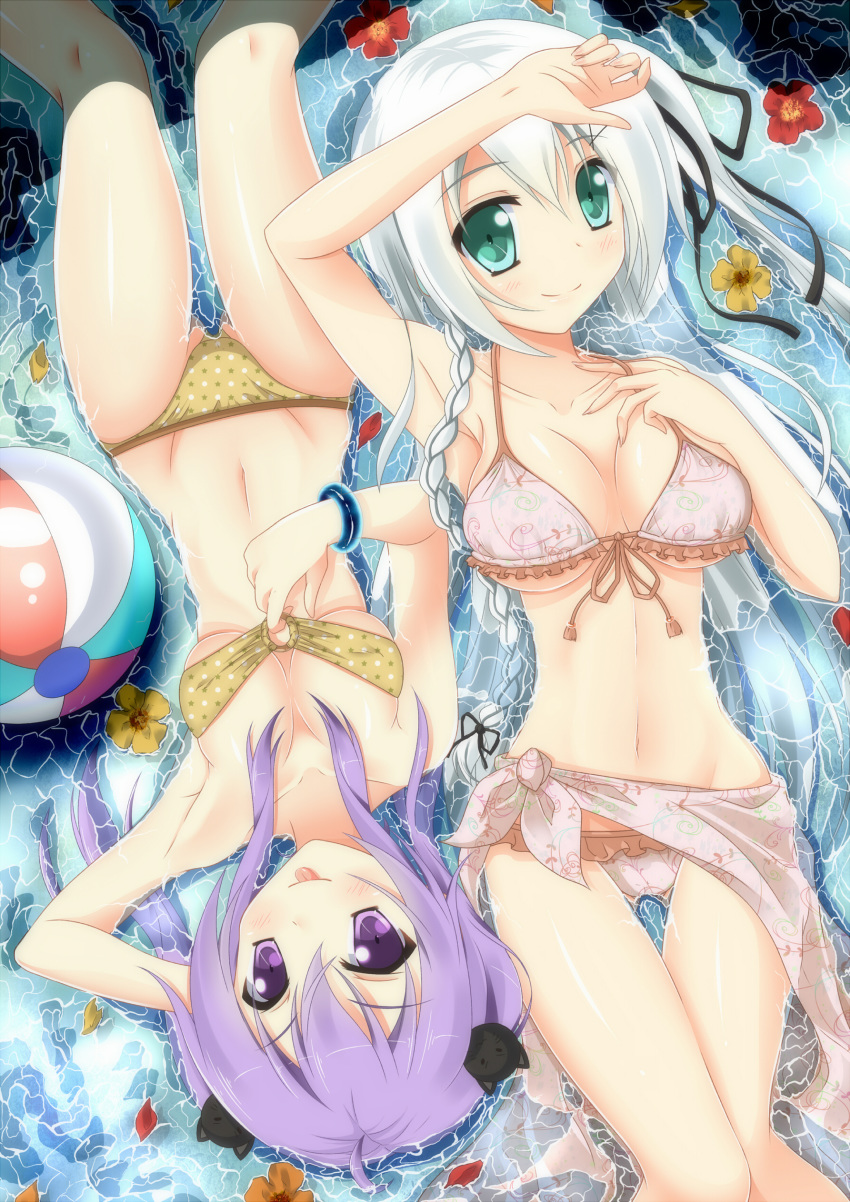 2girls absurd_res absurdres akane_miu ball beachball bikini blush braid breasts cat_hair_ornament flower green_eyes hair hair_ornament high_res highres long_hair lying md5_mismatch multiple_girls navel original petals purple_eyes purple_hair sarong side_ponytail silver_hair smile swimsuit tongue tongue_out twin_braids twin_tails twintails water