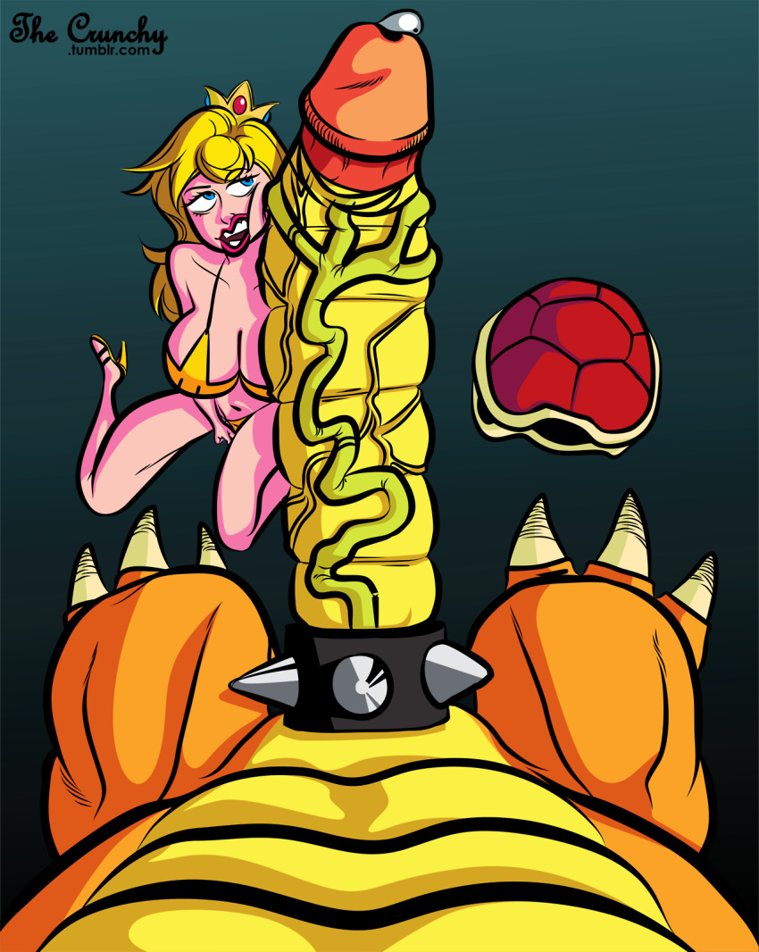 1boy 1girl blonde_hair blue_eyes bowser bra crown female_human huge_penis implied_fingering long_penis monster_cock nintendo panties penis_on_face pov princess_peach size_difference thecrunchy veiny_penis