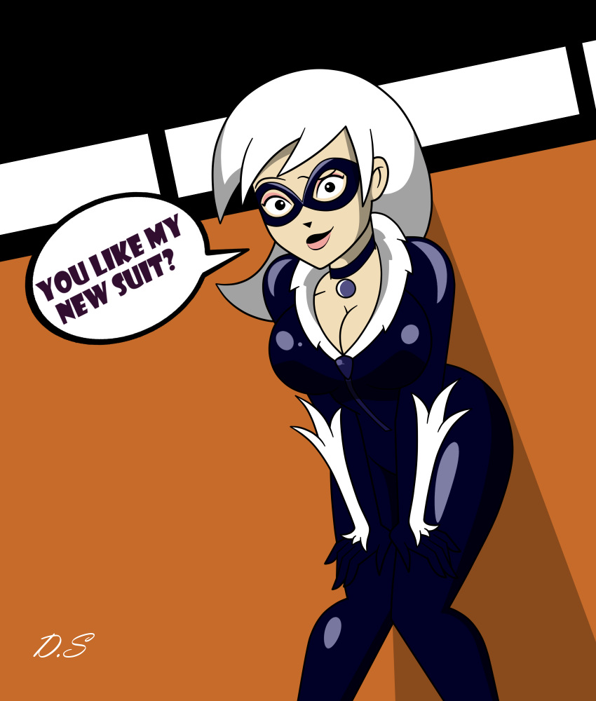 1girl anti_hero black_bodysuit black_cat_(cosplay) black_cat_(marvel) blue_eyes bodysuit breasts caucasian caucasian_female cleavage clothed_female collar comic_book_character cosplay curvy domino_mask drew_saturday felicia_hardy fur_trim hands_on_knees huge_breasts knees_together_feet_apart large_breasts latex latex_suit leaning_forward legs light-skinned_female lipstick long_hair looking_at_viewer makeup marvel marvel_comics mask mature_female milf red_lipstick shiny skin_tight skintight_bodysuit smile speech_bubble spider-man_(series) text the_secret_saturdays thighs white_hair