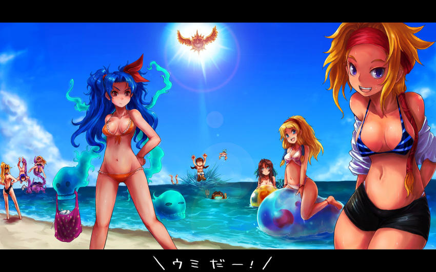 1boy 6+girls :d \\o/ \o/ anklet annotation_request arms_up bandana bandanna barefoot beach bikini blonde_hair blue_hair brown_hair character_request cloud color_(artist) curvy everyone frills front-tie_top groin hand_on_hip high_res highres jewelry kara_(color) lens_flare letterboxed long_hair looking_at_viewer lowleg lowleg_bikini mound_of_venus multiple_girls name_characters navel nude o/ ocean octopus open_mouth outstretched_arms rocbouquet rocbouquet_(saga) romancing_saga romancing_saga_2 saga sea shorts sky smile spirits sun swimsuit tentacle tentacles undressing water wet