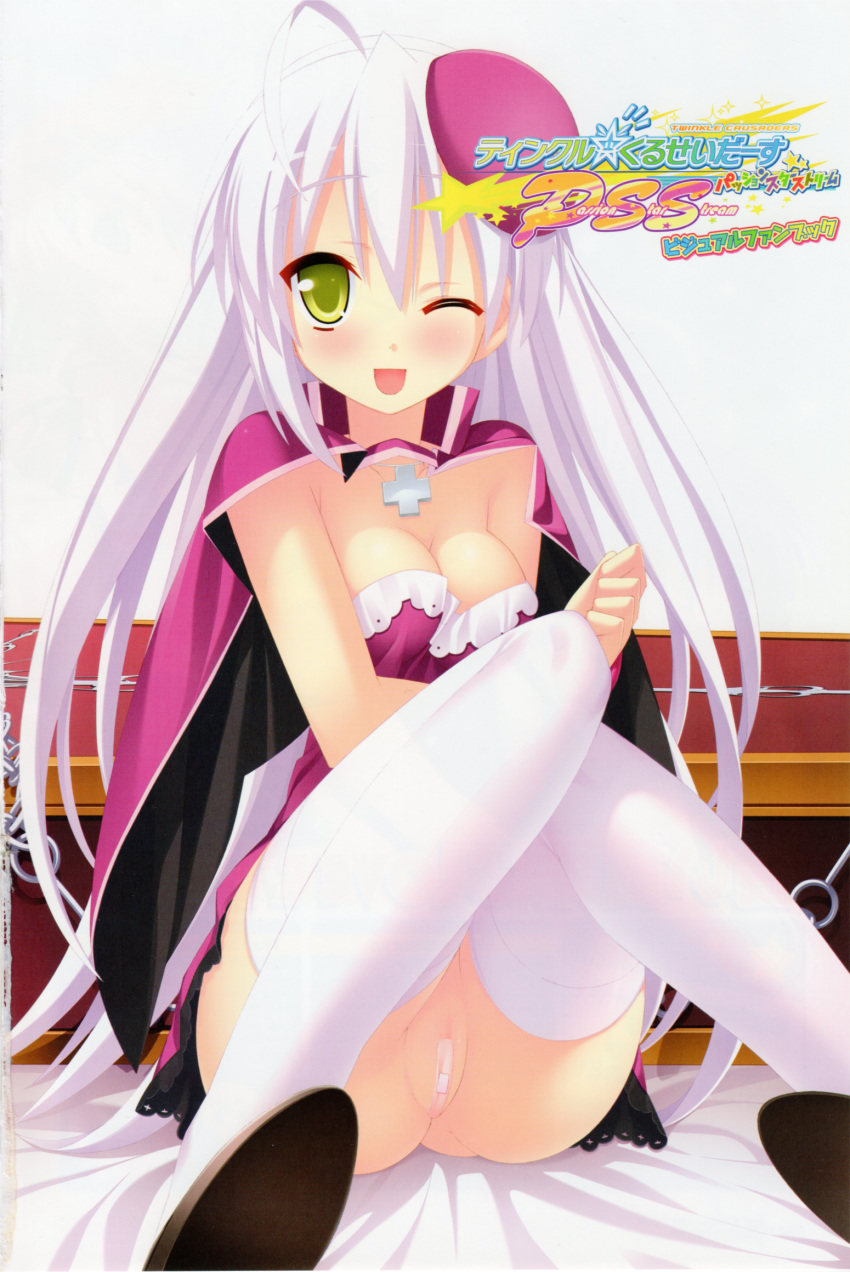 1girl ;) absurd_res bandaid bandaid_on_pussy bleed_through breasts cameltoe cape cleavage cross hat high_res highres kannagi_rei long_hair nopan one_eye_closed rurushe scan smile solo stockings thighhighs twinkle_crusaders twinkle_crusaders_-passion_star_stream- white_hair wink yellow_eyes