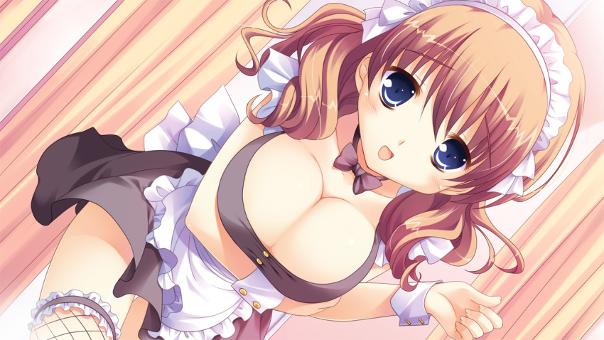 1girl apron big_breasts blue_eyes bow breast_hold breasts brown_hair cleavage dutch_angle fishnets game_cg headdress large_breasts long_hair princess-style skirt solo thighhighs wrist_cuffs yomogida_sachi yuyi