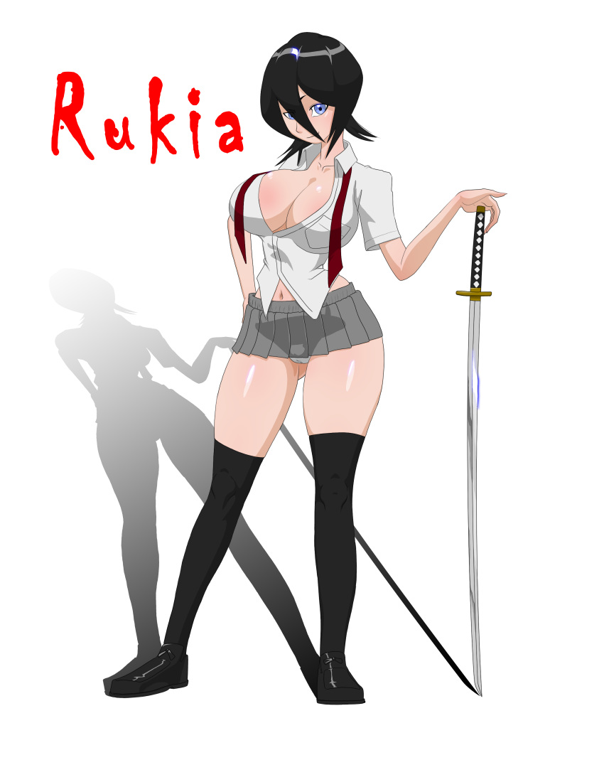 bleach blue_eyes breasts cleavage legs midriff red_jragon rukia_kuchiki school_uniform solo sword weapon