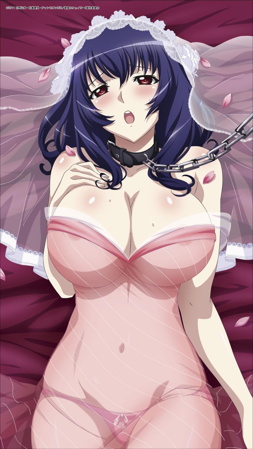 1girl areola areolae bdsm blue_hair blush bondage bound breasts chain chains cleavage collar curvy groin hairband hand_on_own_chest hand_to_chest highres huge_breasts leash lowleg lowleg_panties lying mound_of_venus navel official_art on_back open_mouth panties petals pink_panties red_eyes satou_kenetsu see-through seikon_no_qwaser skindentation solo sweat underwear veil yamanobe_tomo