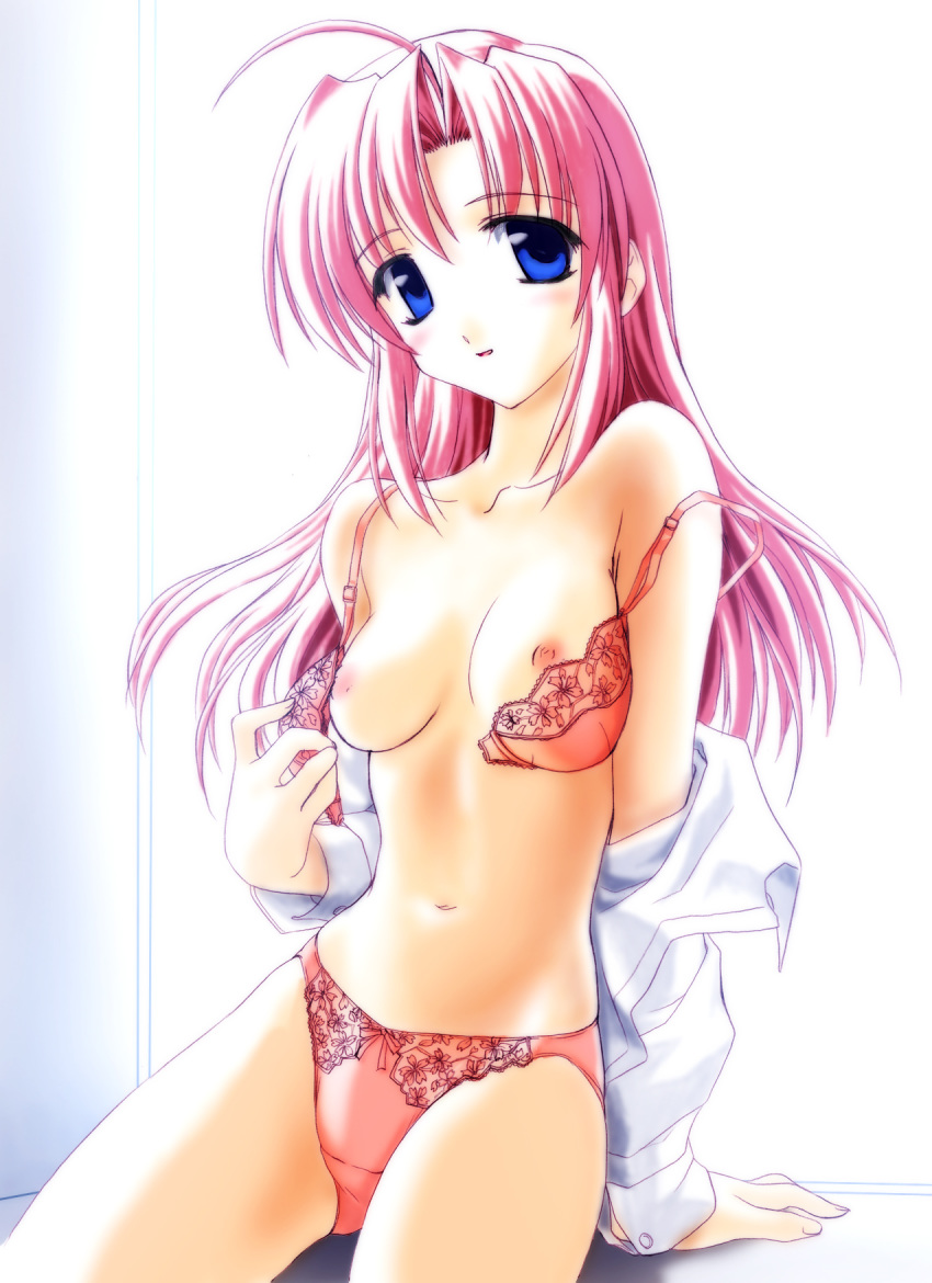 1girl ahoge areola areolae blue_eyes bra breasts copyright_request high_res highres lingerie long_hair nipples norizou_type-r panties pink_hair solo underwear underwear_only undressing