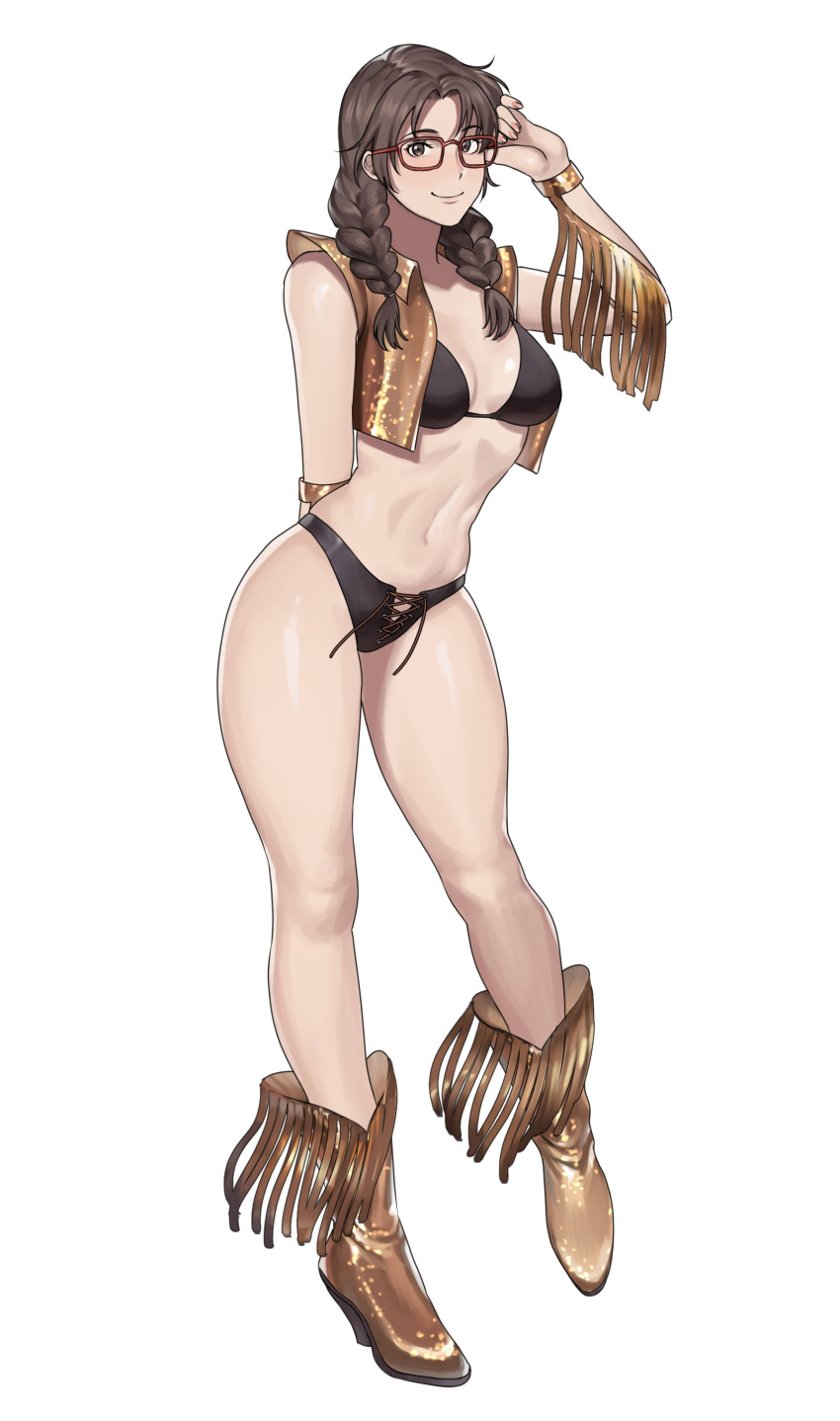 1girl 1girl absurd_res alluring arm_behind_back bikini black_bikini boots braid breasts brown_eyes brown_hair commentary commission cosplay cowboy_boots cropped_vest dead_or_alive detached_sleeves english_commentary female_abs full_body glasses gold_footwear hanny_(uirusu_chan) high_res julia_chang long_legs looking_at_viewer medium_breasts medium_hair namco red-framed_eyewear smile standing swimsuit tassel tecmo tekken tina_armstrong tina_armstrong_(cosplay) twin_braids vest voluptuous