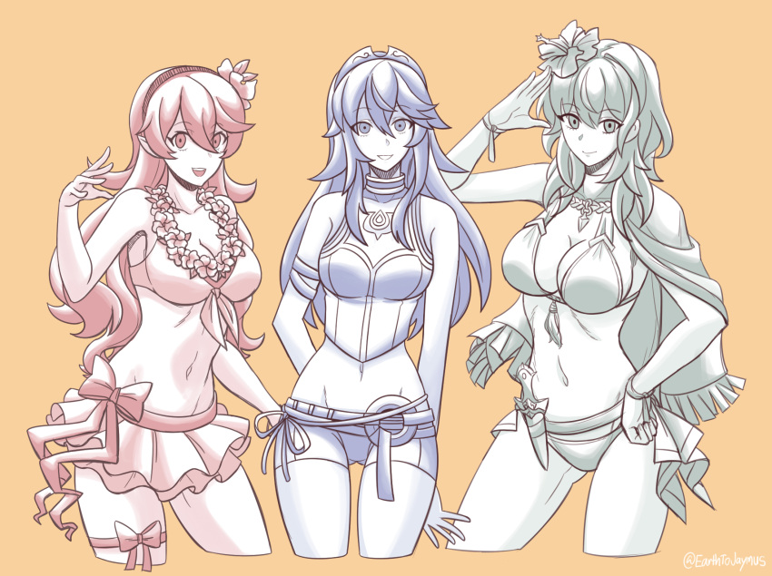 3_girls alluring big_breasts bikini breasts byleth_(female) byleth_(fire_emblem) byleth_(fire_emblem)_(female) cleavage closed_mouth corrin_(fire_emblem) corrin_(fire_emblem)_(female) dagger earthtojaymus fire_emblem fire_emblem:_three_houses fire_emblem_awakening fire_emblem_fates fire_emblem_heroes flower hair_flower hair_ornament hairband high_res long_hair looking_at_viewer lucina lucina_(fire_emblem) medium_breasts multiple_girls nintendo open_mouth orange_background pointy_ears sheath sheathed simple_background smile standing swimsuit thigh_strap tiara twitter_username voluptuous weapon wreath