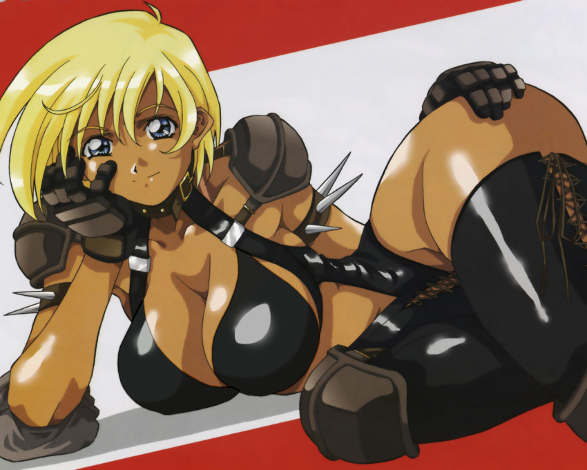 1girl amano_yoki armband armor ass bikini blonde_hair blue_eyes bra breasts collar dark_skin dominatrix elbow_pads gloves harness knee_pads large_breasts leather lingerie one-piece short_hair solo spaulders spikes swimsuit tan tanline thighhighs underwear