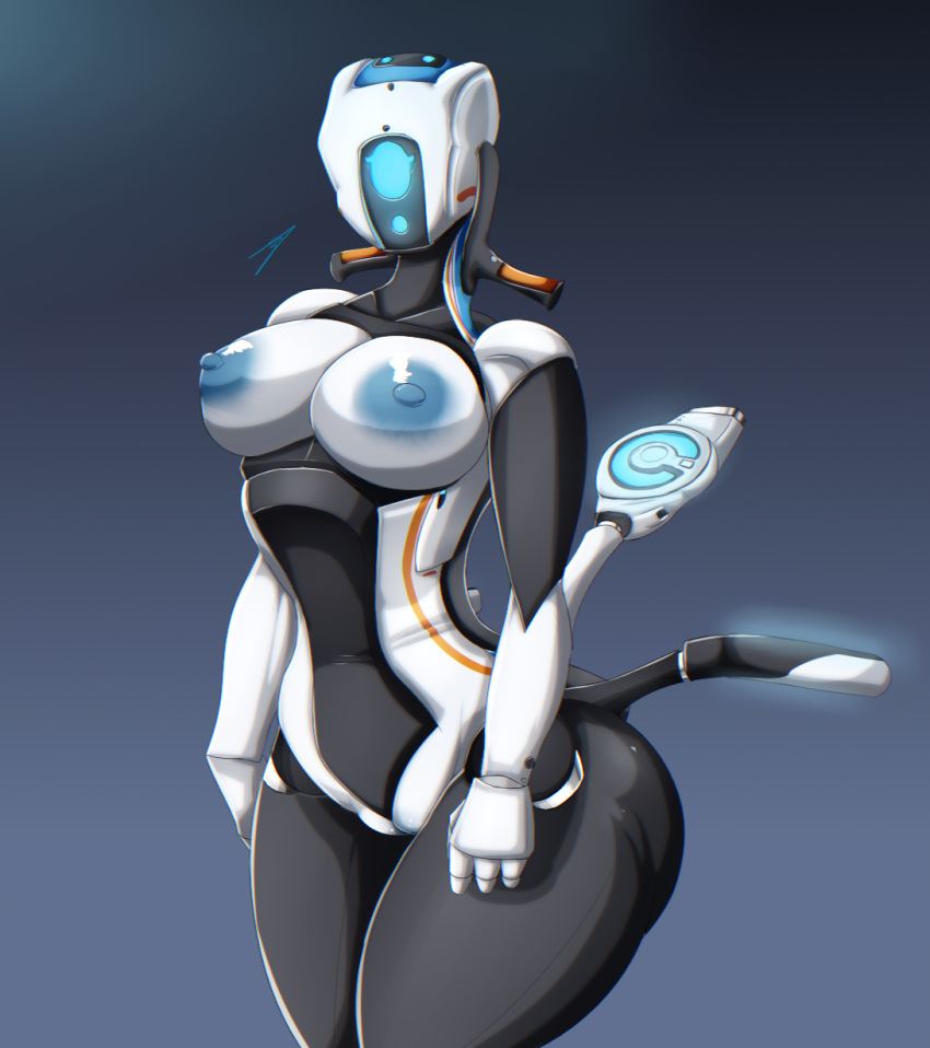 1girl animate_inanimate anthrofied artist_signature big_breasts blue_areola blue_eyes breasts gradient_background hb-viper hoverbike humanoid living_machine pussy robot simple_background snowfox_(subnautica) subnautica subnautica_below_zero thick_thighs voluptuous