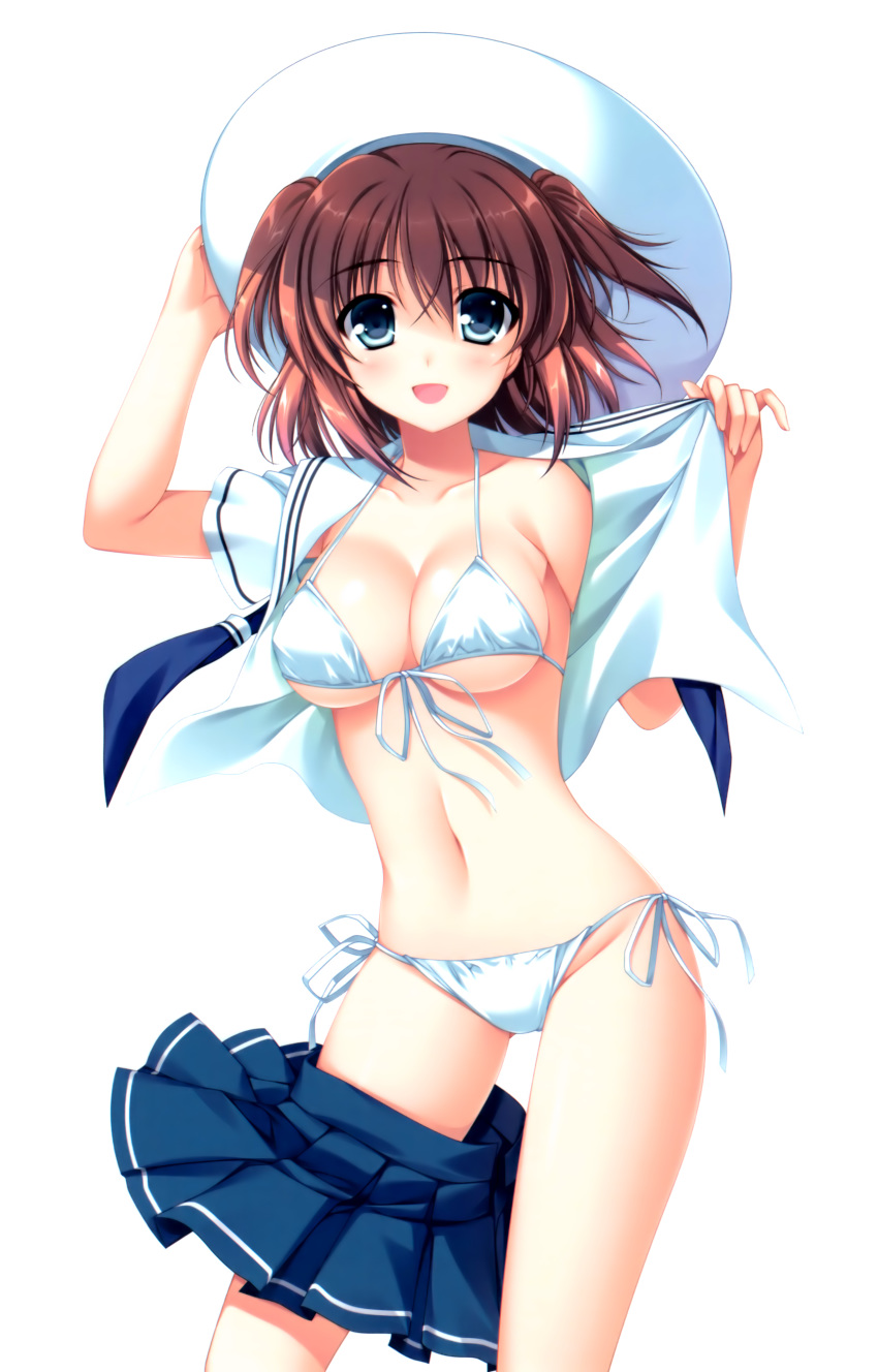 1girl :d absurd_res absurdres alpha_(artist) alpha_(yukai_na_nakamatachi) bikini blue_eyes breasts brown_hair cleavage copyright_request front-tie_top hat high_res highres navel open_clothes open_mouth open_shirt school_uniform serafuku shirt short_twintails side-tie_bikini sideboob skirt skirt_around_one_leg smile solo sun_hat swimsuit swimsuit_under_clothes twin_tails twintails underboob undressing