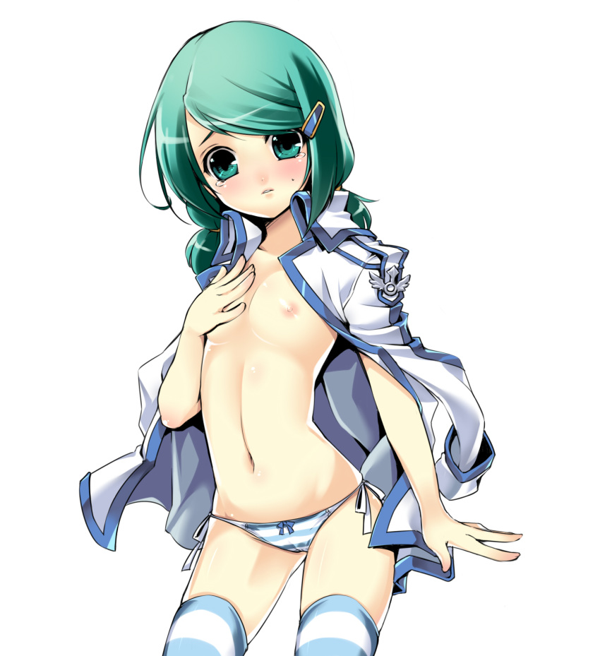 1girl bad_id belly blush bow bow_panties breasts flat_chest green_eyes green_hair hair hair_ornament hairclip hand_on_own_chest highres jacket jacket_on_shoulders kuro_(kuronell) looking_at_viewer low_twintails navel nipples no_bra no_pants panties parted_lips rotori shiny shiny_skin side-tie_panties simple_background skindentation small_breasts solo stockings striped striped_legwear striped_panties sweatdrop sword_girls tears thighhighs twintails underwear white_background