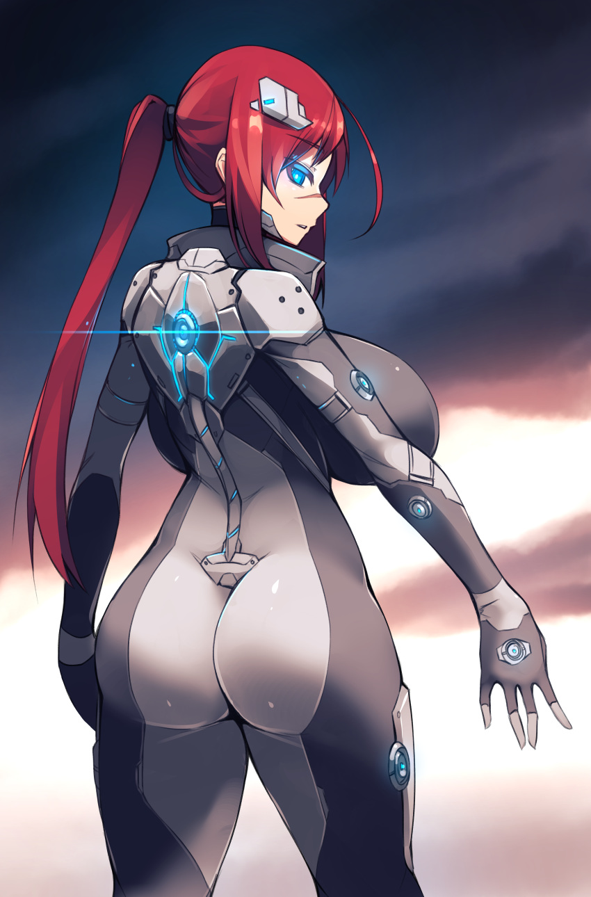 1girl absurdres ahoge artist_request ass blue_eyes bodysuit breasts from_behind glowing glowing_eyes highres huge_breasts long_hair looking_at_viewer nice_ass open_mouth original ponytail red_hair scar shiny shiny_clothes shiny_hair sideboob skin_tight solo