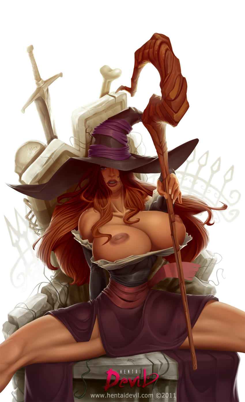 bare_shoulders big_breasts breasts copyright_notice detached_sleeves dragon's_crown hat high_res long_hair looking_at_viewer nipples red_hair signature sitting solo sorceress_(character) sorceress_(dragon's_crown) spread_legs staff watermark web_address white-devil_(artist) witch_hat