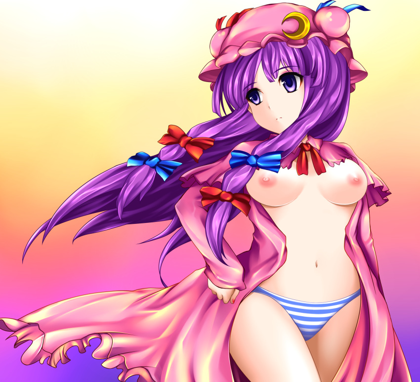 1girl blue_panties breasts crescent dress female hat high_res highres long_hair nipples no_bra open_clothes open_dress panties patchouli_knowledge purple_eyes purple_hair ribbon solo striped striped_panties touhou underwear yoshimo